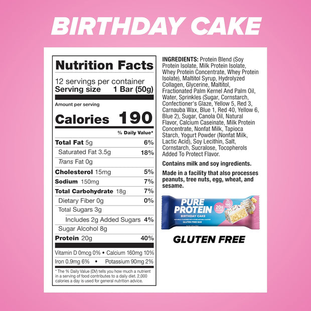 Pure Protein Bars, High Protein, Nutritious Snacks to Support Energy, Low Sugar, Gluten Free, Birthday Cake, 1.76 oz, Pack of 12 (Packaging May Vary)