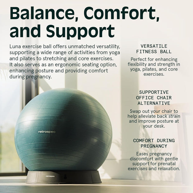 Retrospec Luna Exercise Ball with Pump - Anti-Burst Fitness Equipment for Yoga, Core Training & Stability - Home Gym Swiss Ball for Office & Pregnancy