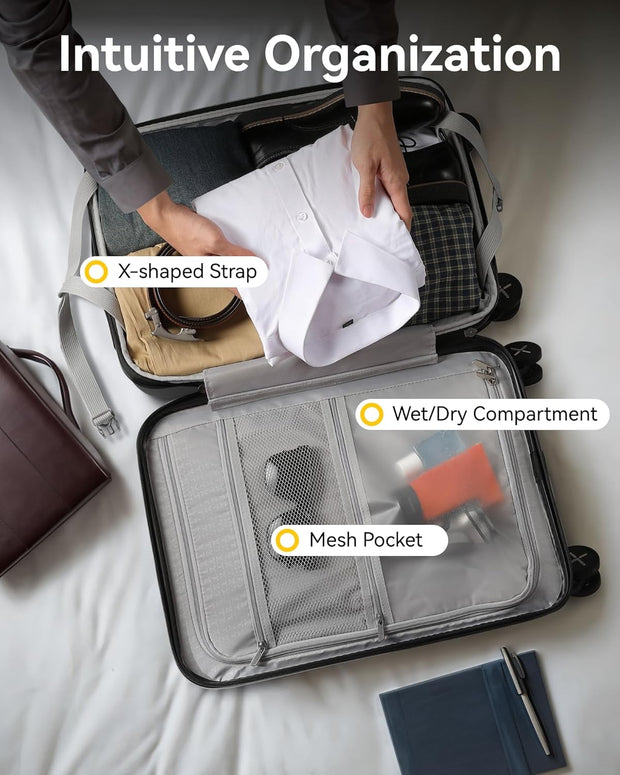 LUGGEX Carry on Luggage 22x14x9 Airline Approved, PC Hard Shell Suitcase with Front Pocket, Expandable Luggage with USB Port (Blue, 20 Inch, 37L)