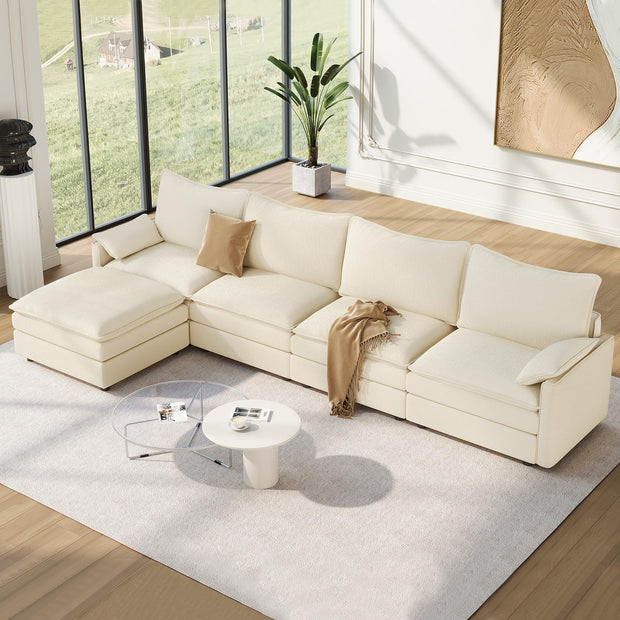 Vesgantti 108" Modular Sectional Sofa, Comfy Cloud Couch with Movable Ottoman Deep Seat Chenille L Shaped Modular Sofa, Sectional Couches for Living Room, Bedroom and Apartment, Beige