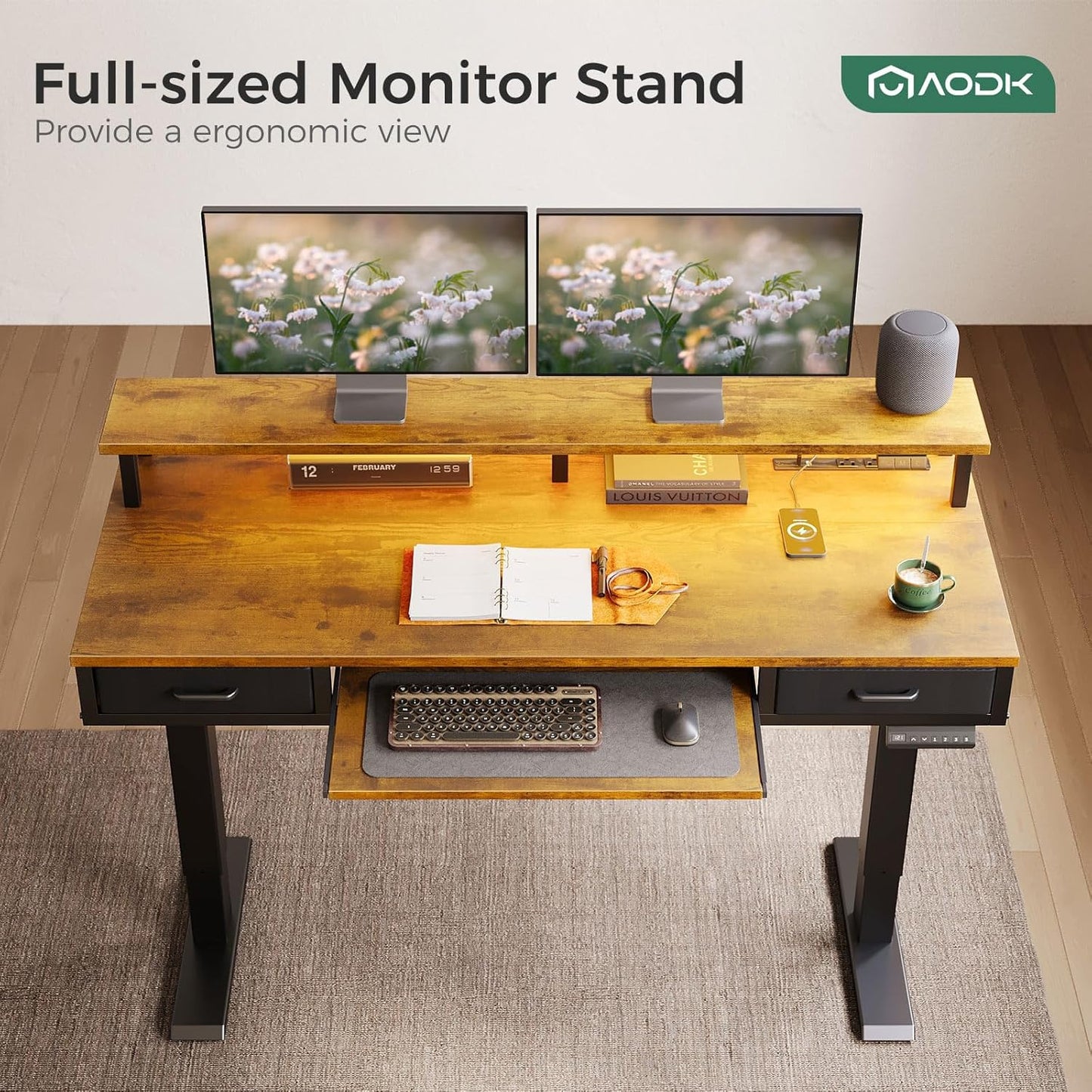 AODK Electric Standing Desk with Drawers & Keyboard Tray, 55 Inch Height Adjustable Gaming Desk with Power Outlets & LED Lights, Sit Stand Table with Monitor Stand for Home, Office, Rustic Brown