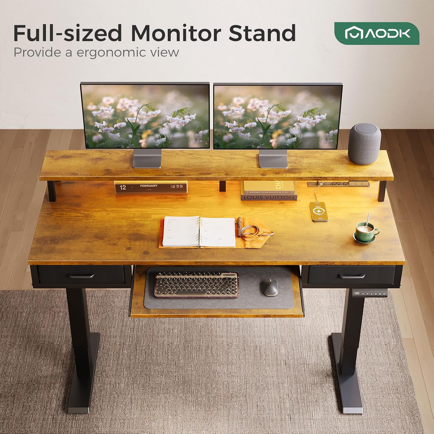AODK Electric Standing Desk with Drawers & Keyboard Tray, 55 Inch Height Adjustable Gaming Desk with Power Outlets & LED Lights, Sit Stand Table with Monitor Stand for Home, Office, Rustic Brown