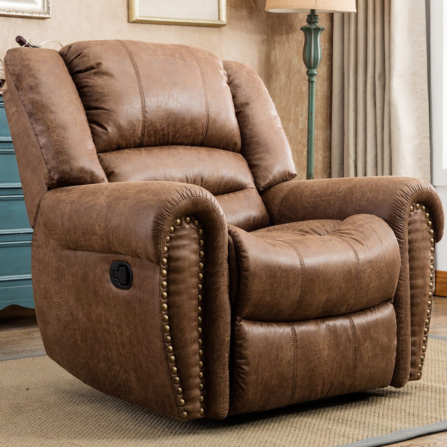 CANMOV Leather Recliner Chair Set of 2, Classic and Traditional Manual Recliner Chair with Comfortable Arms and Back,Manual Single Recliner Sofa for Living Room, Nut Brown