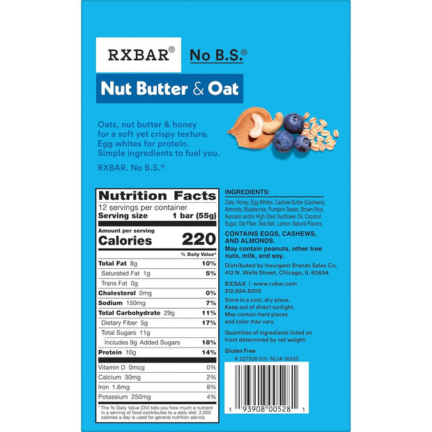 RXBAR Nut Butter and Oat Protein Bars, Protein Snacks, Snack Bars, Blueberry Cashew Butter, 23.2oz Box (12 Count)