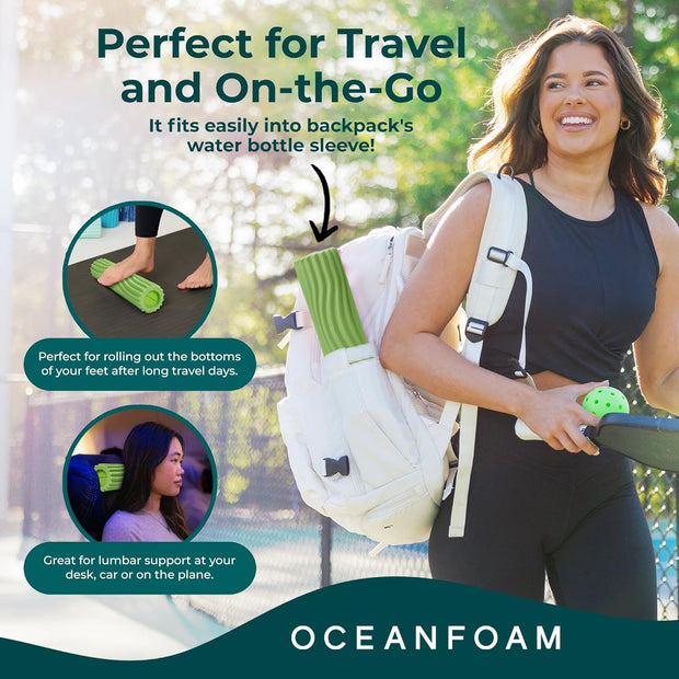 Oceanfoam Ripple Travel Foam Roller (11" x 3.35") Firm Mini Foam Roller for Physical Therapy, Deep Tissue Massage, Back Pain - High Density, Ergonomic Wave Textured - Yoga, Exercise (Black Marbled)