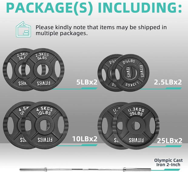 Olympic Cast Iron 2-Inch Weight Plates Including 5FT Olympic Barbell Bar & Safely Locks, 100 Pounds Set (85 lbs Plates + 15 lbs Barbell Bar), Multiple Packages