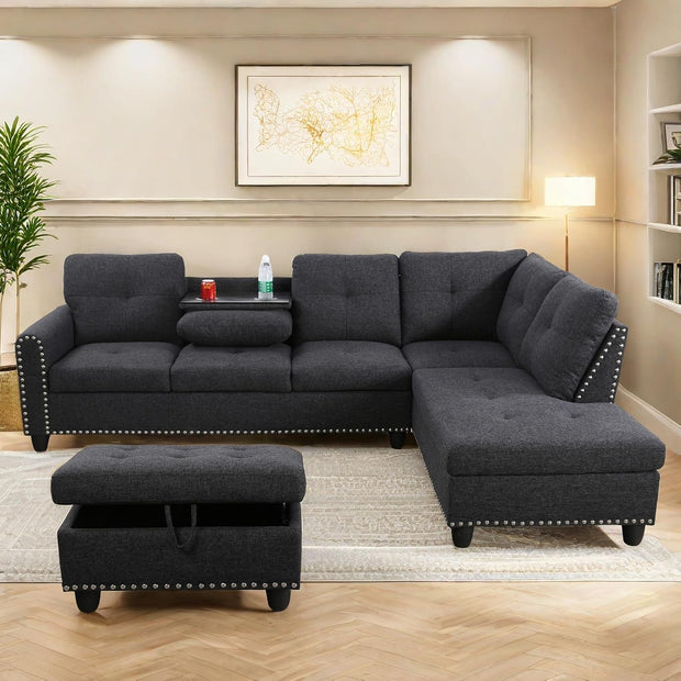 L Shaped Sectional Couches, Modular Sectional Sofa with Ottoman Storage, Nail-Head Design Lounge Sofa with Reversible Cup Holder for Living Room, Bedroom, Gray