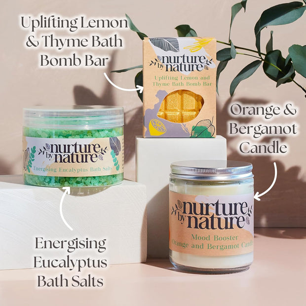 Nurture by Nature RELAX & UPLIFT Spa Kit – Birthday Gifts for Women – 6-in-1 Self-Care Kit, Spa Gift Baskets for Women, Bath Sets Gift - Bath Salts, Body Scrub, Bath Bomb, Candle, Hand Cream, Soap