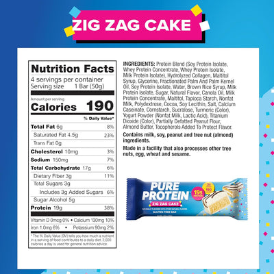 Pure Protein Zig Zag Cake Protein Bars – 19g Protein, 3g Sugar, 190 Calories (4 count) Low Sugar* High Protein Snack - Gluten Free - Perfect for a Healthy Snack.