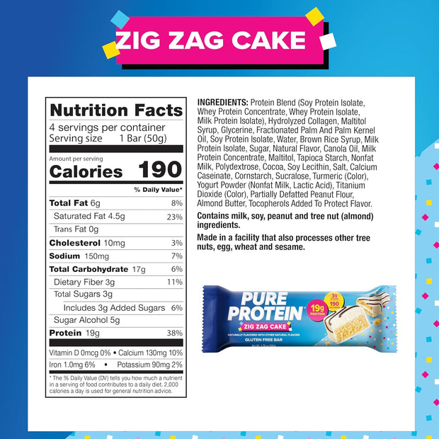 Pure Protein Zig Zag Cake Protein Bars – 19g Protein, 3g Sugar, 190 Calories (4 count) Low Sugar* High Protein Snack - Gluten Free - Perfect for a Healthy Snack.