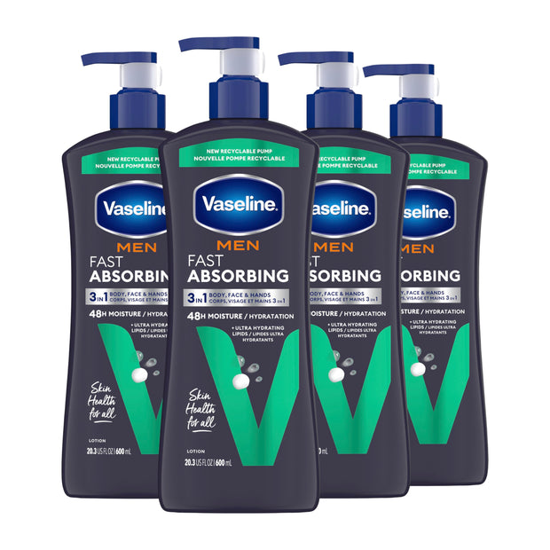 Vaseline Men's Healing Moisture Hand & Body Lotion For Dry or Cracked Skin Fast Absorbing Non-Greasy Lotion for Men 20.3 oz, Pack of 3