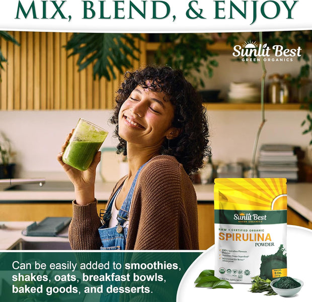 Sunlit Best Spirulina Powder Organic USDA - Chlorophyll, Fast Absorption, Blue-Green Spirulina Algae, Raw Vegan Protein - Non-GMO, Gluten Free Superfood Energy, Gut, Immune Support Supplement - 8 Oz