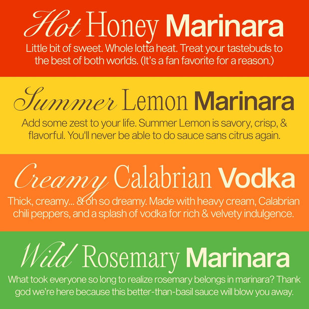 Sauz | Variety Pack, 25 Oz Jars (4-Pack), Includes Hot Honey Marinara, Creamy Calabrian Vodka, Wild Rosemary, Summer Lemon, Gluten-Free, Non-GMO, Multi-Use, Clean Ingredients – Small Batch Craft Sauces