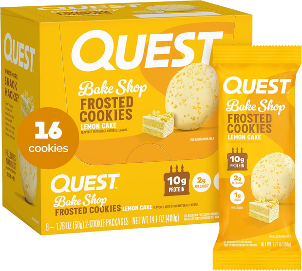 Quest Nutrition Frosted Protein Cookies Twin Pack, Lemon Cake, 1g Sugar, 10g Protein, 1g Net Carbs, Gluten Free, 16 Cookies