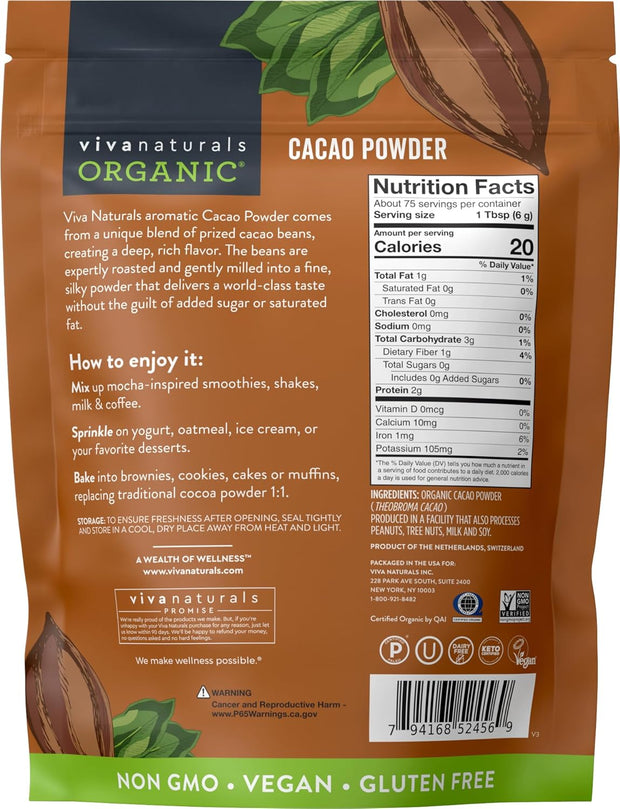 Viva Naturals Organic Cacao Powder, 1lb - Unsweetened Cacao Powder With Rich Dark Chocolate Flavor, Perfect for Baking & Smoothies, Non-GMO, Certified Vegan & Gluten-Free, 454 g