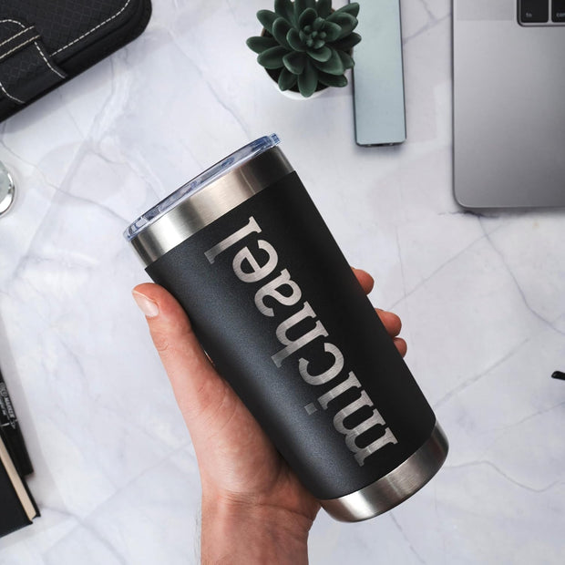 Personalized Tumblers, Stainless Steel 20 oz Tumbler w/Lid | 13 Designs | Personalized Cups Double Walled Insulated Coffee Cup for, Gym, Fitness | Hot and Cold Drink Use - Black
