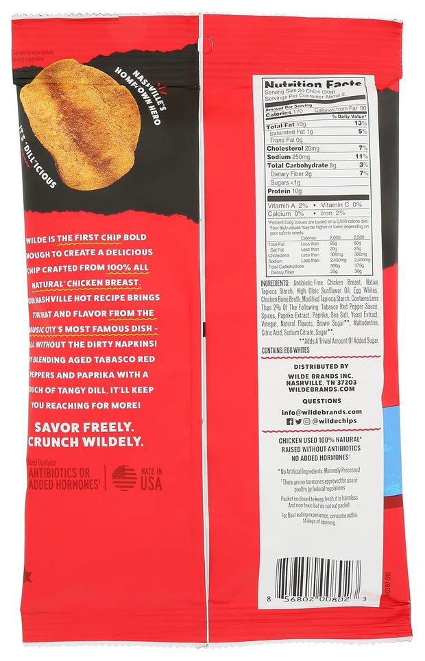 Nashville Hot Chicken Chips by Wilde Chips, Thin and Crispy, High Protein, Keto, Made with Real Chicken 2.25oz Bag