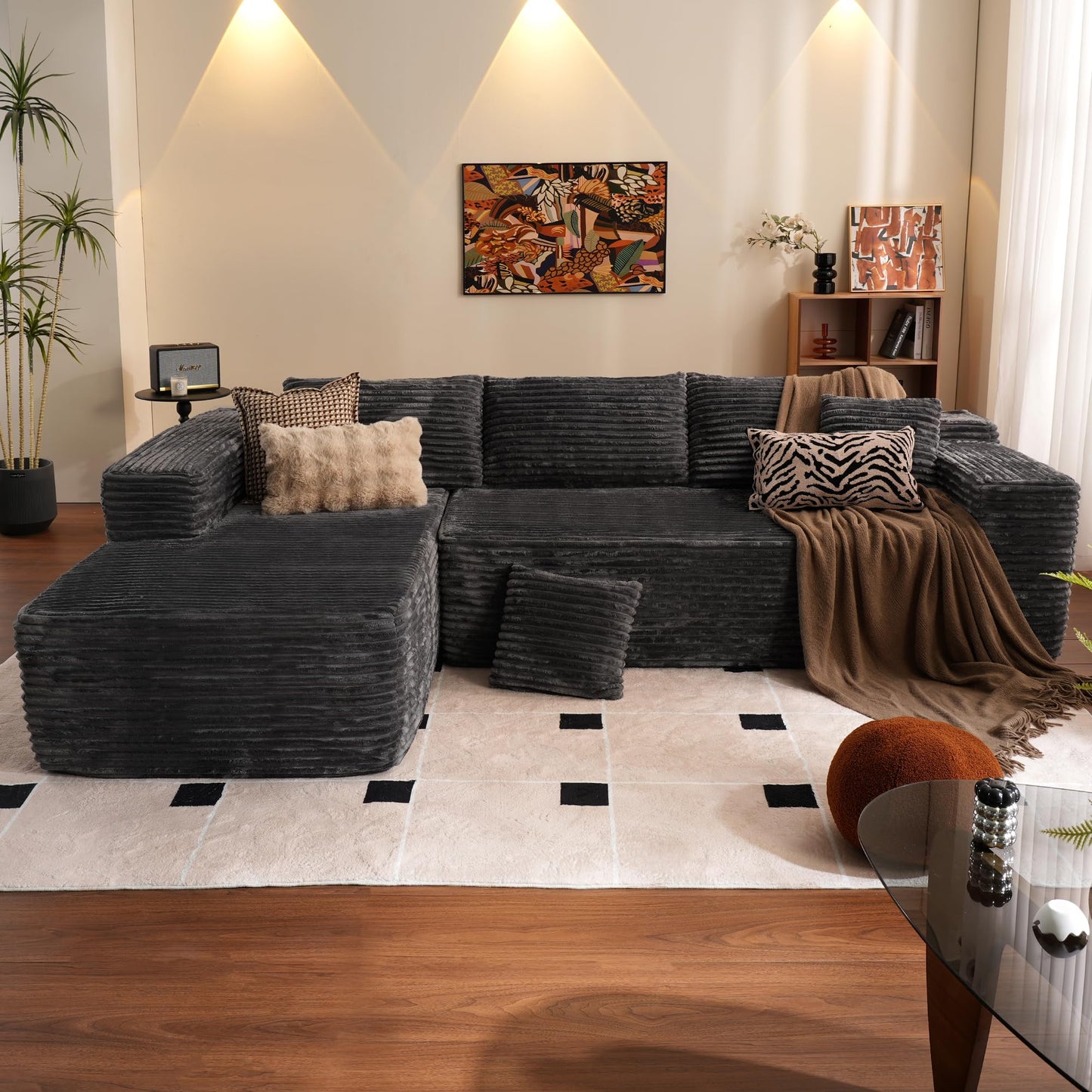 ovios Sectional Cloud Couch for Living Room, Modular Floor Sofa with Plush Corduroy, No Assembly Required, Big Comfy Couches Set with Fluffy Memory Foam, Stupendous U Shaped Sofas with Chaise, Brown