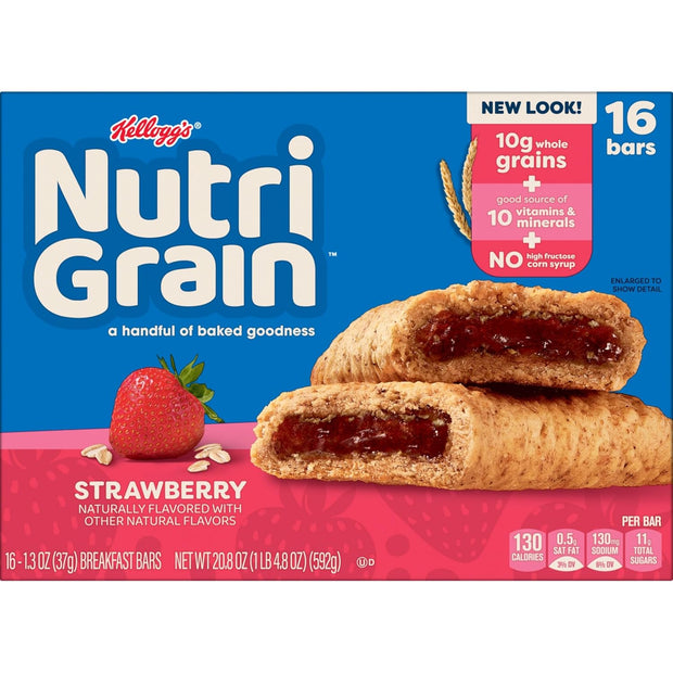 Nutri-Grain Breakfast Bars, Made with 10g Whole Grains, Snack Bars, Strawberry, 20.8oz Box (16 Bars)