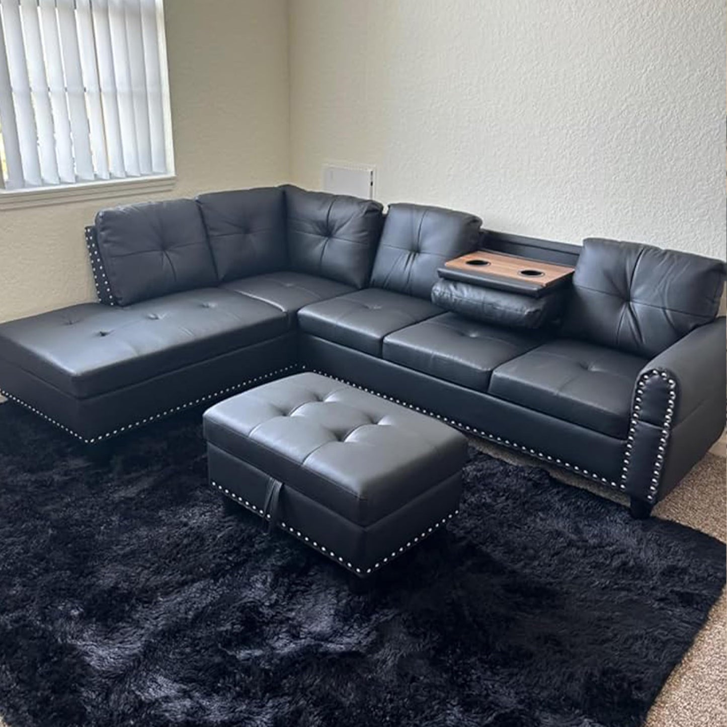 FANYE 3 Piece Modular Sectional Sofa with R Chaise, L-Shaped 5 Seaters Faux Leather Upholstered Corner Sofa & Couch W/2 Cup Holders and Storage Ottoman for Home Apartment Office Living Room