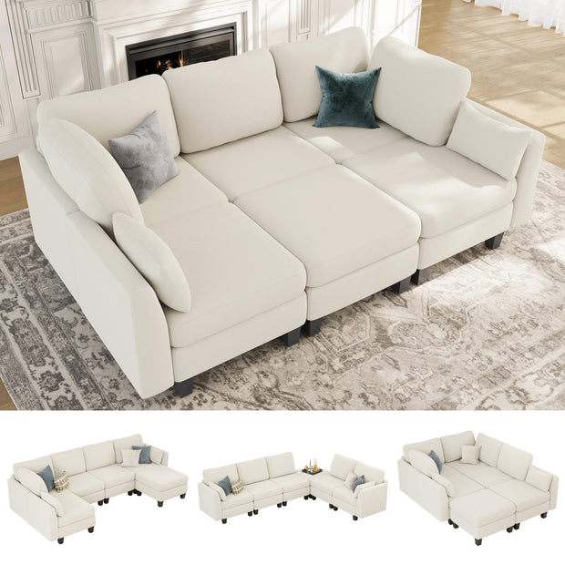 Sectional Sleeper Sofa, 6 Seaters Dark Grey Modular Sleeper Sofa Couch, Comfy Sectionals Couches Bed, Convertible Sofas with Ottomans, Modular Sectional Couches for Living Room