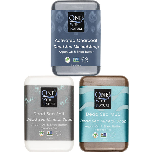 One With Nature Activated Charcoal Soap 4oz 6-Pack Gift Box – Detoxifying and Exfoliating Charcoal Soap Bar with Dead Sea Salt for Face & Body, for Men & Women
