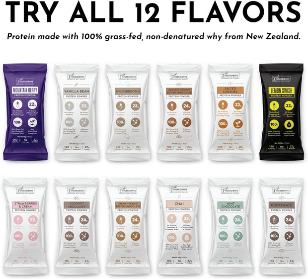 Protein Powder Made with 100% Grass Fed, Non Denatured Whey | Four Different Protein Sources from Organic Whole Food Ingredients | 12 Servings | 22g Protein (12 Servings, Sample Variety Pack)