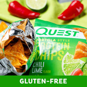 Quest Nutrition Tortilla Style Protein Chips, Hot & Spicy, 19g of Protein, 4g Net Carbs, Gluten Free, 1.1 Ounce (Pack of 12) & Tortilla Style Protein Chips, Chili Lime, Baked, 1.1 Oz, Pack of 12