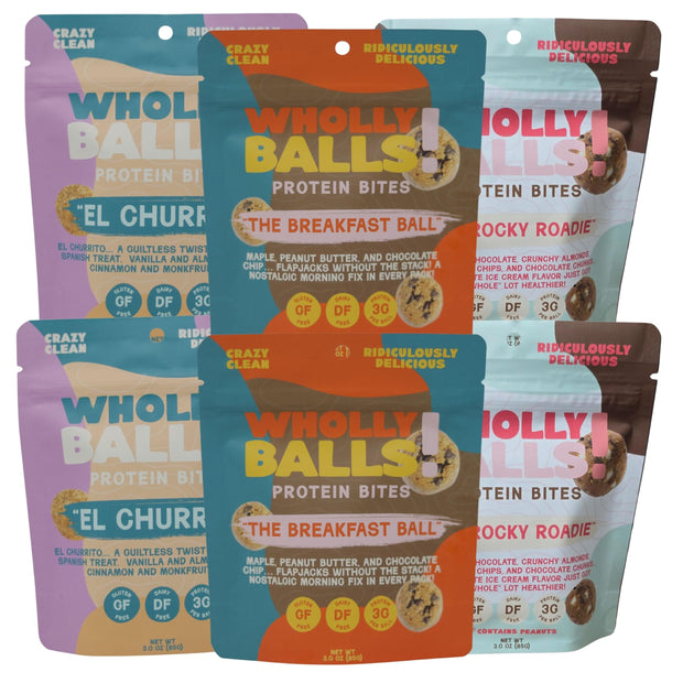 Wholly Balls Protein Bites – Healthy Plant-Based Snack – High Protein, Low Sugar, Gluten-Free Energy Balls (Pack of 6, Sampler Pack)