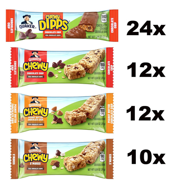 Quaker Chewy Granola Bars, Chewy & Dipps Variety Pack, (58 Bars), Whole Grains, No Artificial Flavors, No Added Colors
