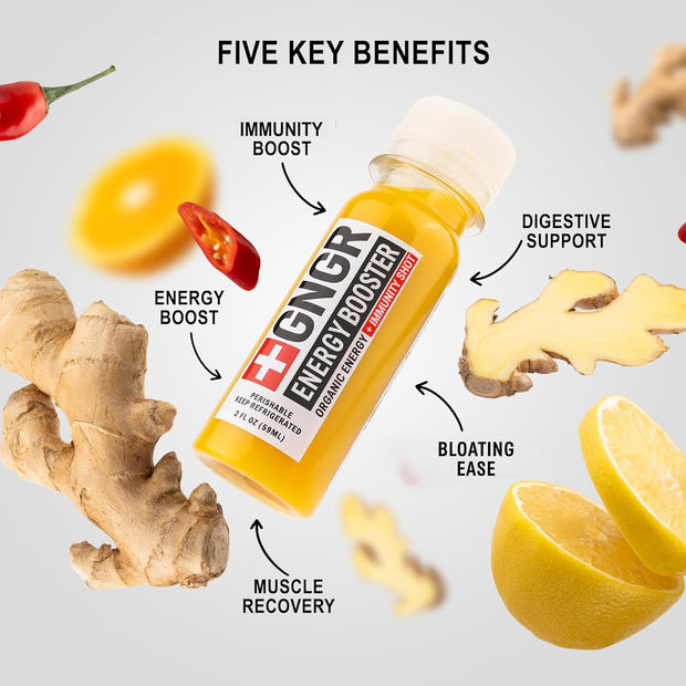 +GNGR Immunity Booster Organic Ginger and Turmeric Shot - Cold Pressed Ginger Shots with Turmeric, Cayenne Pepper, Orange, Lemon for All Natural Immune & Digestive Support (2 Oz, Pack of 12)