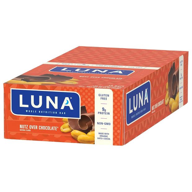 LUNA Bar - Nutz Over Chocolate Flavor - Gluten-Free - Non-GMO - 7-9g Protein - Made with Organic Oats - Low Glycemic - Whole Nutrition Snack Bars - 1.69 oz. (15 Count)