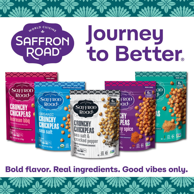 Saffron Road Roasted and Crunchy Sea Salt and Cracked Pepper Chickpeas | High Protein Snacks | Gluten-free, Vegan, Non-GMO, and Certified Halal and Kosher | 5.4oz Pouch | Pack of 6