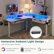 RedLemon 60 Inches L Shaped Electric Standing Desk, Height Adjustable Corner Gaming Desk with Drawers, Keyboard Tray, Power Outlets & LED Lights, Computer Desk with Monitor Shelf, Antique White