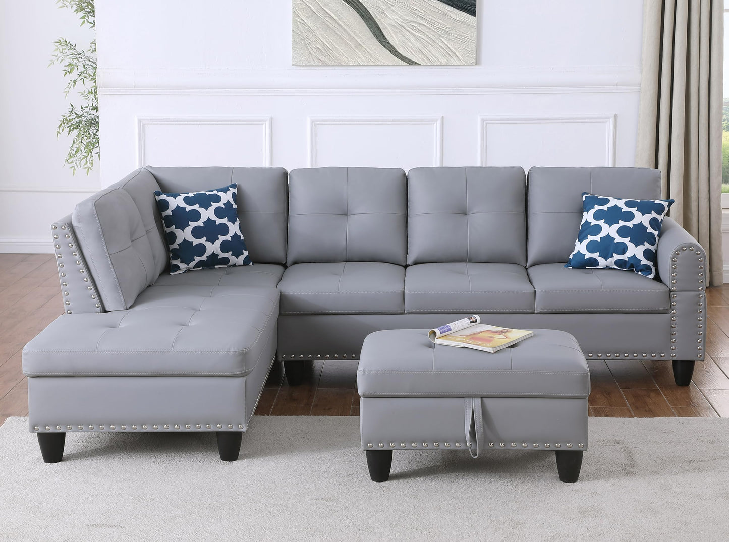 FANYE 3 Piece Modular Sectional Sofa with R Chaise, L-Shaped 5 Seaters Faux Leather Upholstered Corner Sofa & Couch W/2 Cup Holders and Storage Ottoman for Home Apartment Office Living Room