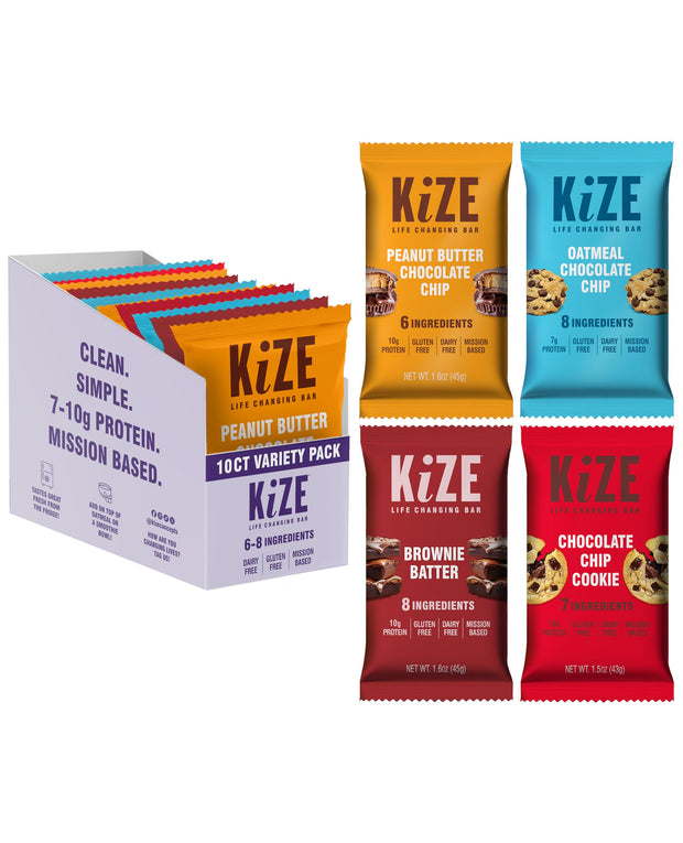 KiZE Energy Bars - Peanut Butter - Gluten Free, Non-GMO, and High Protein Meal Replacement Energy Bars, Clean and Simple Food Ingredients - 10g High Protein Snacks, (10 Count)
