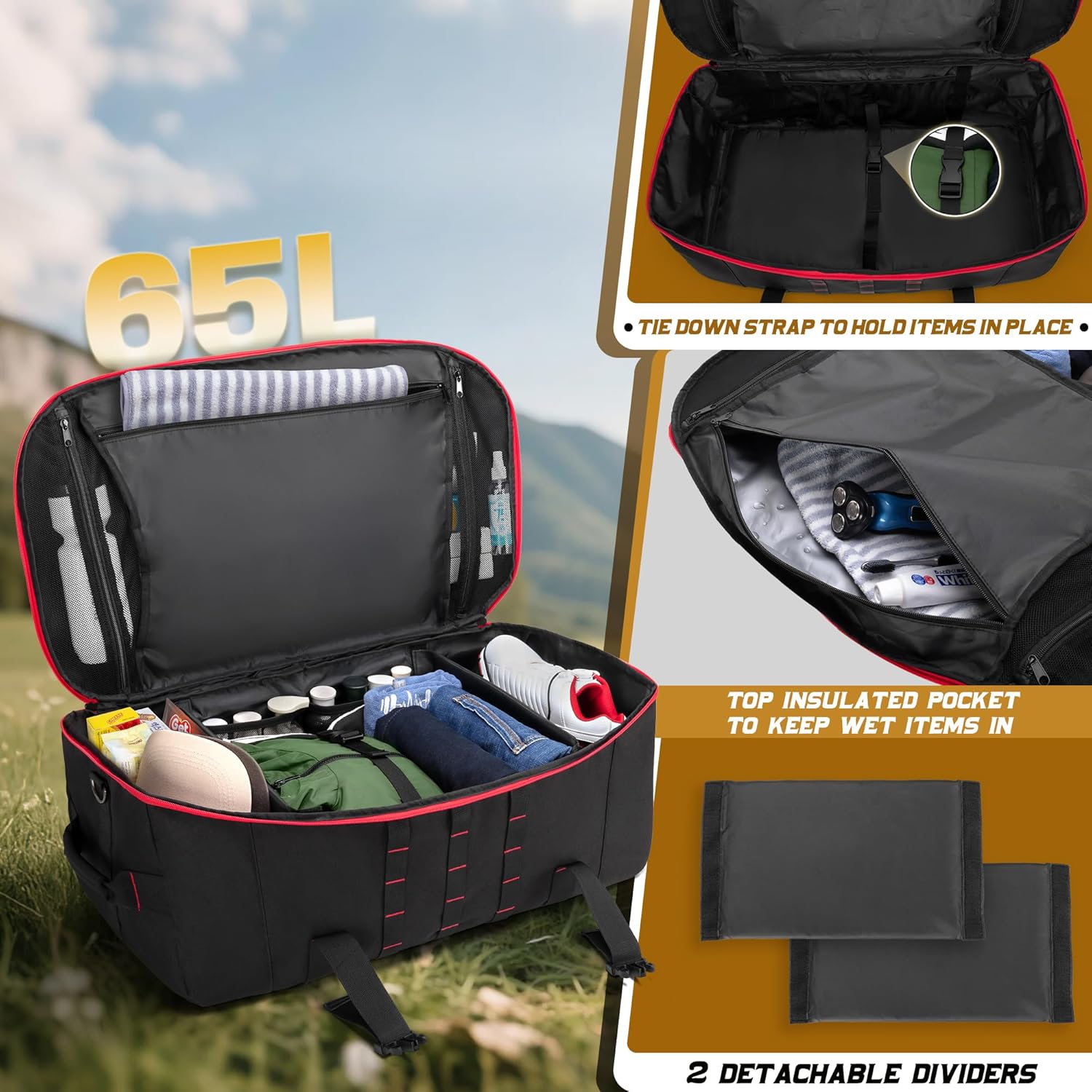 65L Tactical Duffle Bag Gym Bag with Backpack Straps, Wet Pocket and Detachable Dividers, Duffle Backpack for Travel, Sports and Military, Black