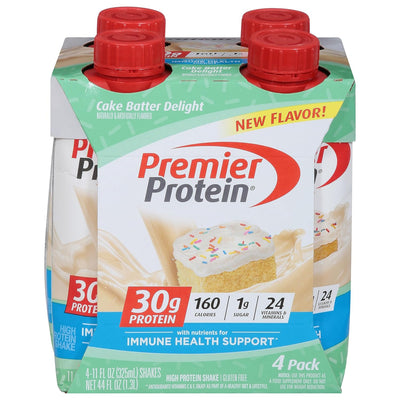 Premier Protein Shake, Cake Batter Delight, 30 g Protein, 1 g Sugar, 24 Vitamins & Minerals, Nutrients to Support Immune Health, Cream, 11 Fl Oz, 4 Count