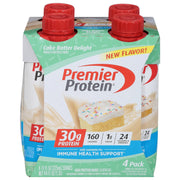 Premier Protein Shake, Cake Batter Delight, 30 g Protein, 1 g Sugar, 24 Vitamins & Minerals, Nutrients to Support Immune Health, Cream, 11 Fl Oz, 4 Count