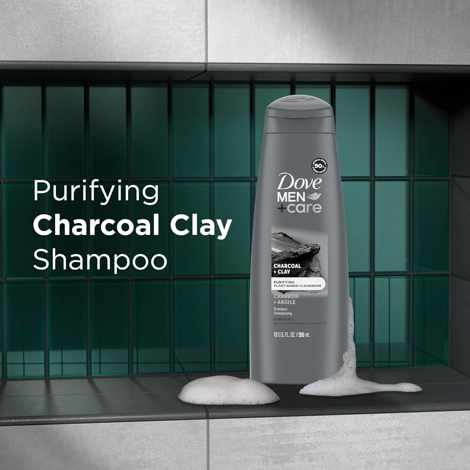 DOVE MEN + CARE Shampoo Charcoal + Clay for Healthy-Looking Hair Naturally Derived Plant Based Cleansers 12 oz