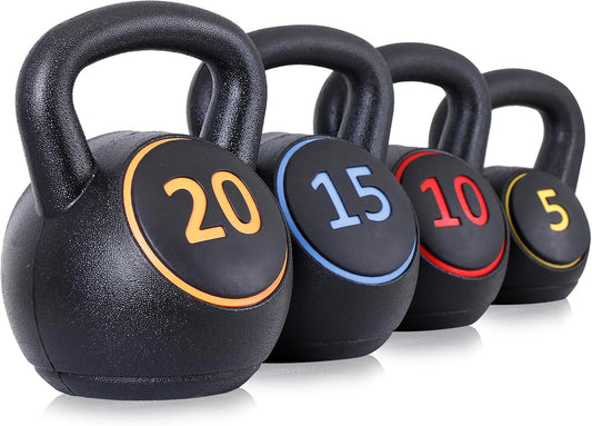 F2C Kettlebell Sets 4 Piece Strength Training KettleBells Weight Set 5lb, 10lb, 15lb, 20lb HDPE Coated Concrete Kettle bell Core Training or Women & Men for Full Body Workout & Exercise Fitness
