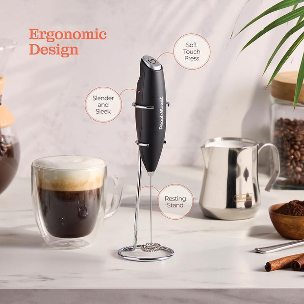 Powerful Handheld Milk Frother, Mini Milk Frother Wand, Battery Operated Stainless Steel Drink Mixer - Frother Stand for Milk Coffee, Lattes, Cappuccino, Frappe, Matcha, Hot Chocolate. Gift