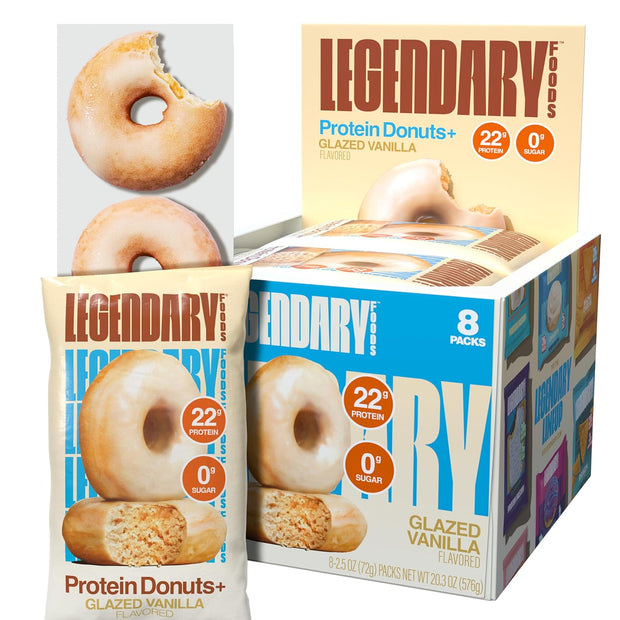 Legendary Foods 22gr Protein Donuts - Glazed Vanilla 8x (2 Donuts per Pack), High Protein, Zero Sugar, Gluten Free and Low Carb, Keto Friendly Snack, Healthy Donut for GLP-1, Diabetic, Bariatric Diets
