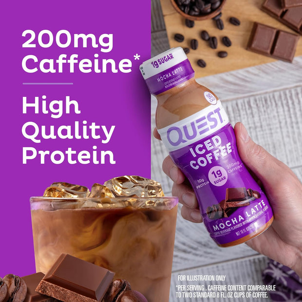 Quest Nutrition Iced Coffee, Mocha Latte, 1g of Sugar, 10g of Protein, 90 calories, 200mg of caffeine, 12 Count