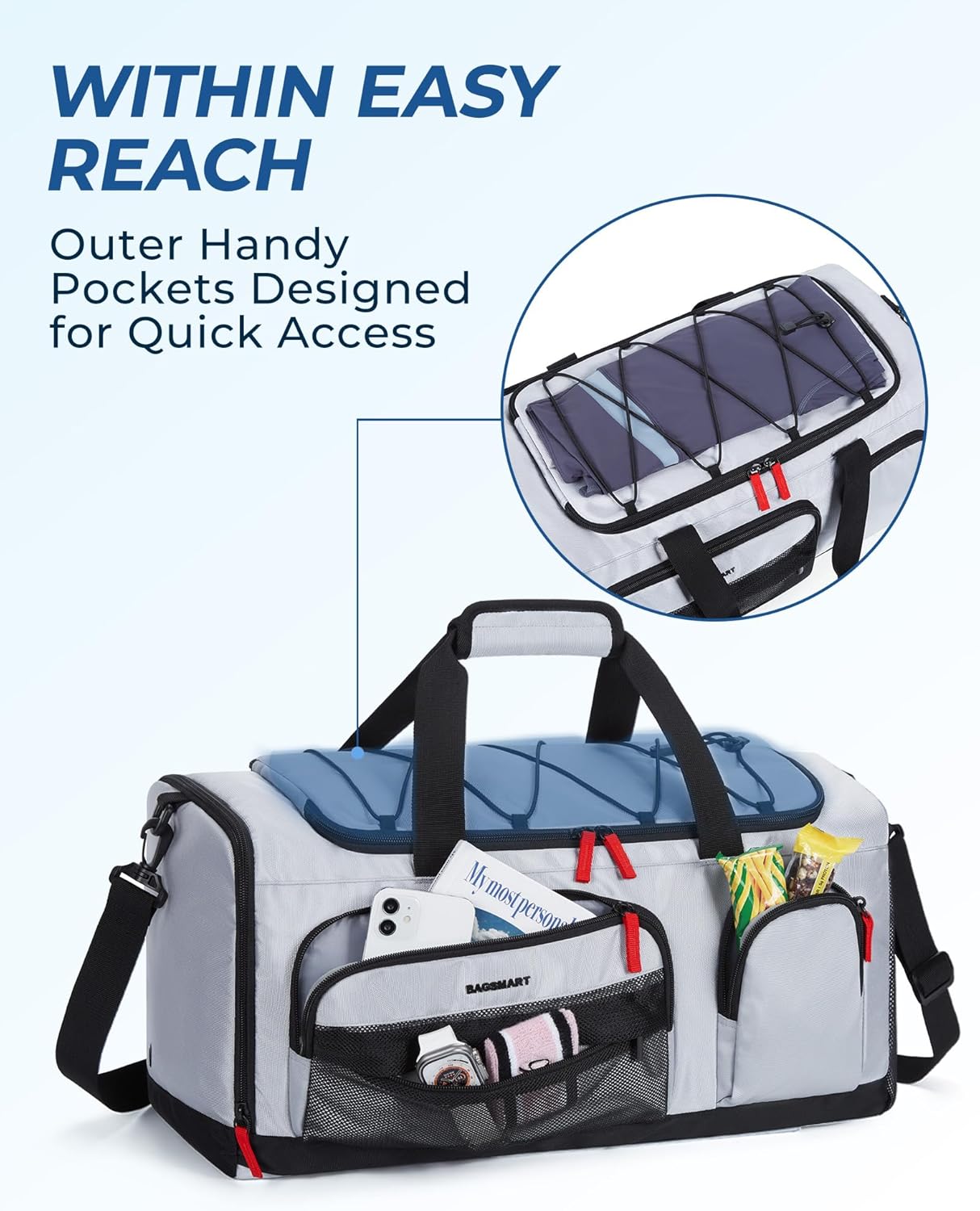BAGSMART Gym Bag for Women & Men, 35L Sports Travel Duffel Bag with Shoe Compartment，Anti-Theft Carry On Weekender Bag for Airplane, Water Resistant Workout Overnight Backpack for Travel Gym,Grey