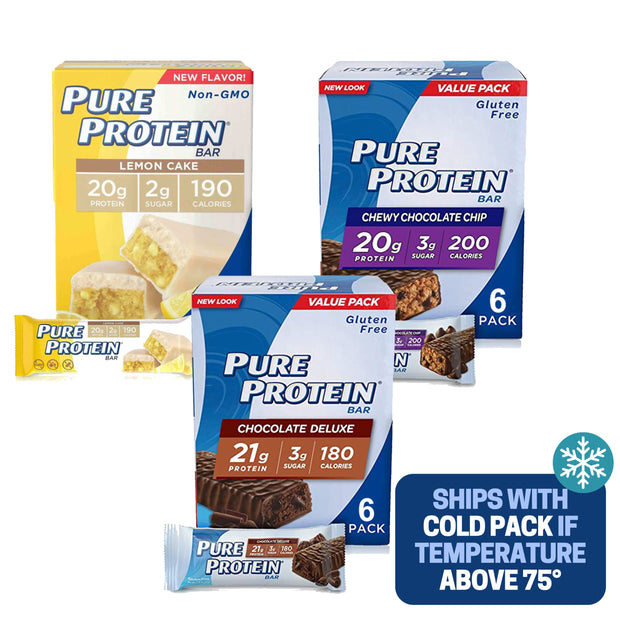 Pure Protein Bars, Chewy Chocolate Chip, Chocolate Deluxe, Chocolate Peanut Butter - Box of 6-3 Boxes - 1 Box of each flavor