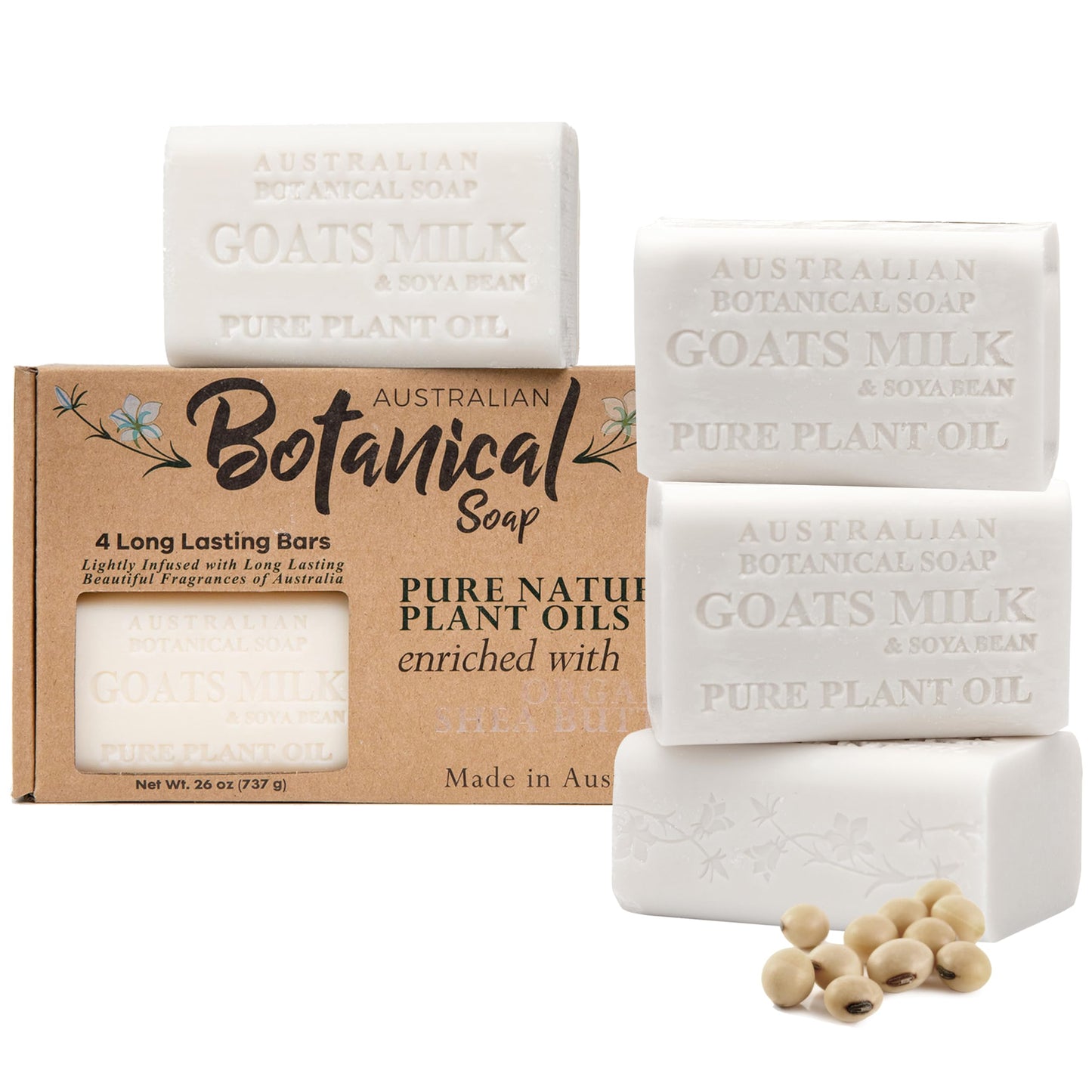 Australian Botanical Soap 6.6 OZ, Pack of 8, Goat Milk Soap Bars with Soya Bean Oil, Enriched with Organic Shea Butter, Suitable for All Skin Types, Packaging May Vary