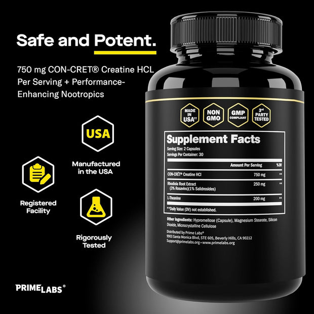 Prime Labs Creatine HCl Capsules - with CON-CRĒT®, Rhodiola Root Extract, & L-Theanine - Muscle Support, Endurance, Cognitive Function - for Men & Women - 60 Pills