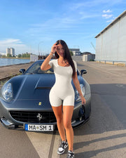 Women's Short Sleeve Yoga Romper Seamless Ribbed Workout One Piece Square Neck Jumpsuit