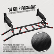 Yes4All Multi-Grip Wall Mount Pull-Up Bar, 16 Inches & 24 Inches Reversible Stud and Wall Compatibility Mounted Pull Up Bar Design, Solid Construction Strength Training